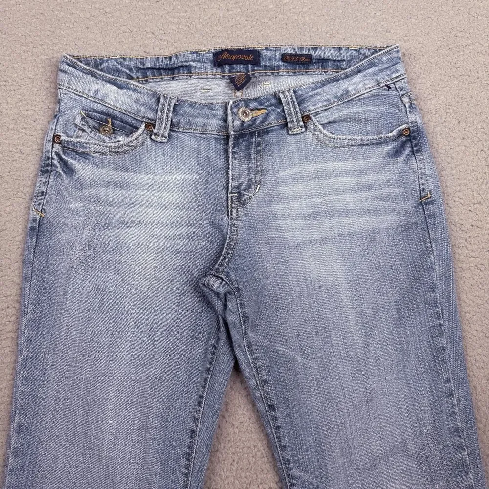 Aeropostale Flare Jeans Womens 3/4S Light Wash Low Rise Y2K Stretch Denim Flap